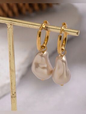 Gold Hoop Earrings with Iridescent Baroque Pearl Drops